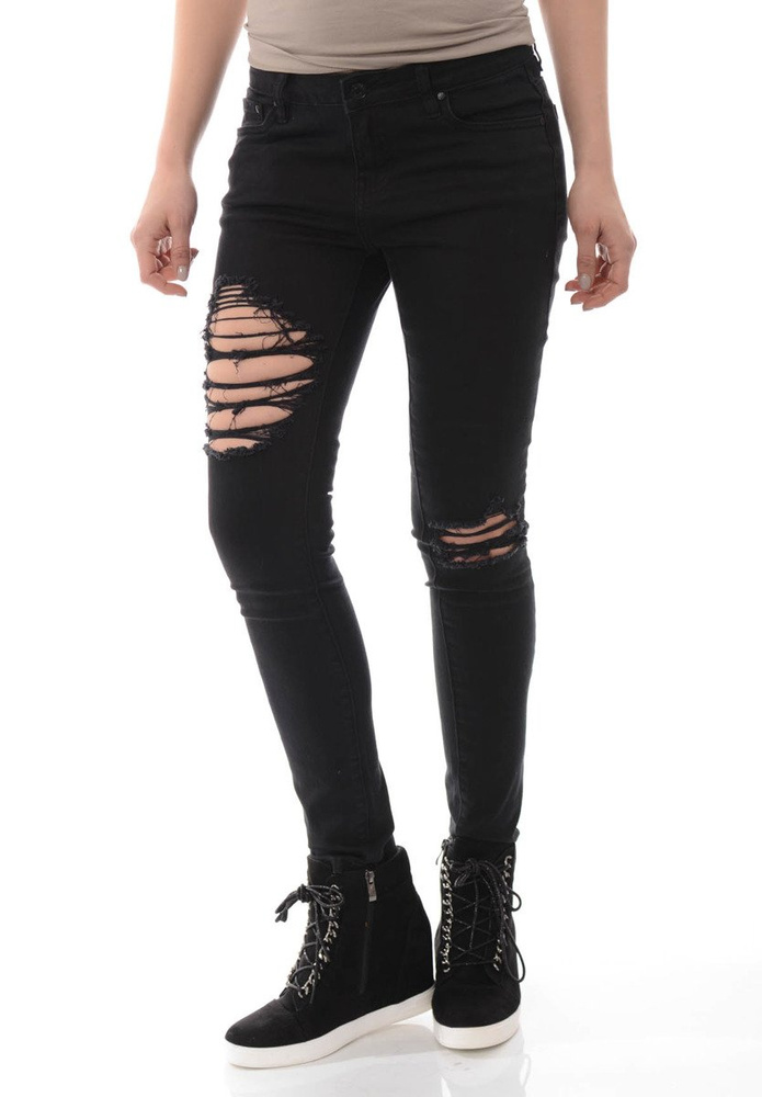 Damskie Spodnie Jeansy Rurki Przetarcia Czarne