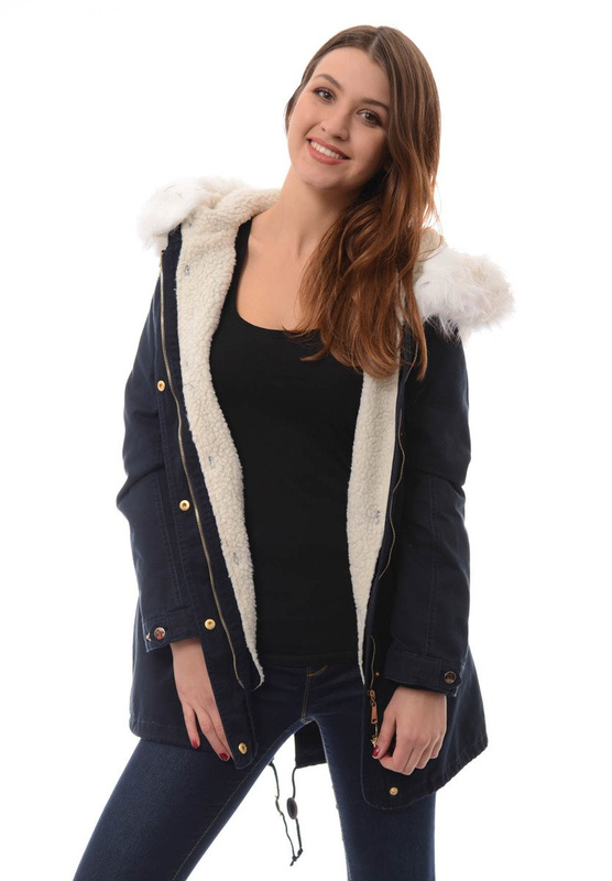 Damska Kurtka Parka Zimowa 2w1 Granatowa Z Białym Futerkiem