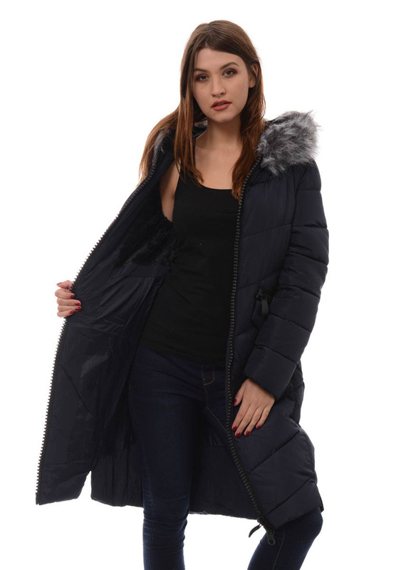 Damska Długa Zimowa Kurtka Ortalionowa Pola Granatowa