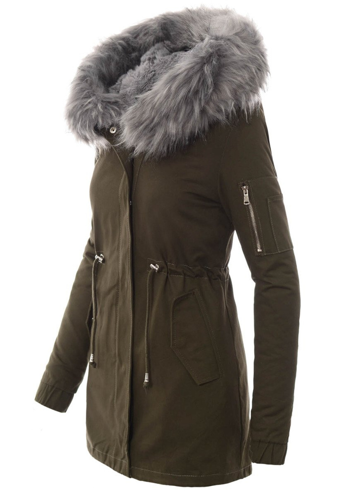 Piękna Damska Kurtka Parka 2w1 Emilia Zielona z Szarym Futerkiem