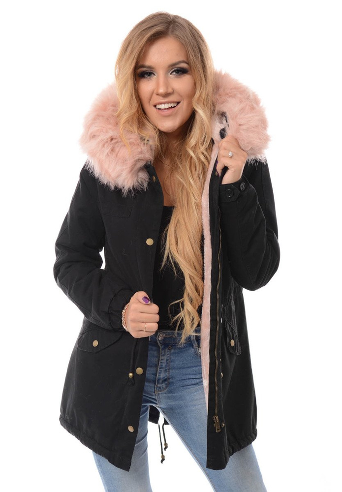 Piękna Damska Kurtka Parka Iwet Czarna z Różowym Futerkiem