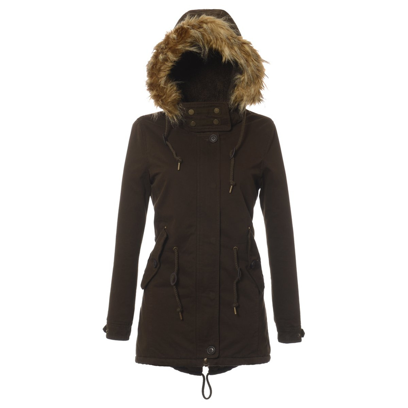 Damska Kurtka Parka Zimowa Futro Pola Oliwkowa