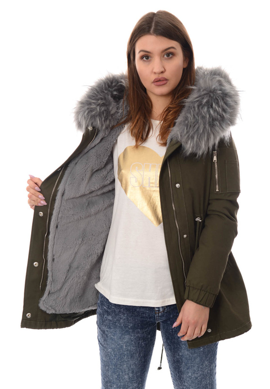 Piękna Damska Kurtka Parka 2w1 Emilia Zielona z Szarym Futerkiem