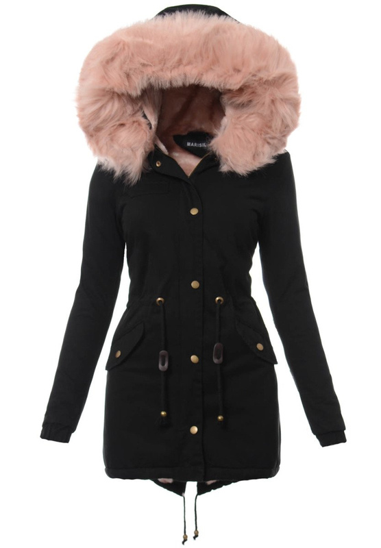 Piękna Damska Kurtka Parka Iwet Czarna z Różowym Futerkiem