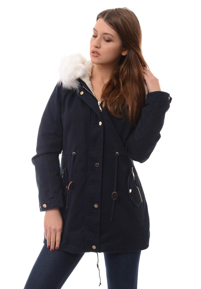 Damska Kurtka Parka Zimowa 2w1 Granatowa Z Białym Futerkiem