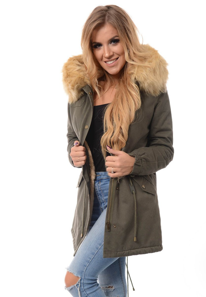 Piękna Damska Kurtka Parka Zielona ze Złotym Futerkiem