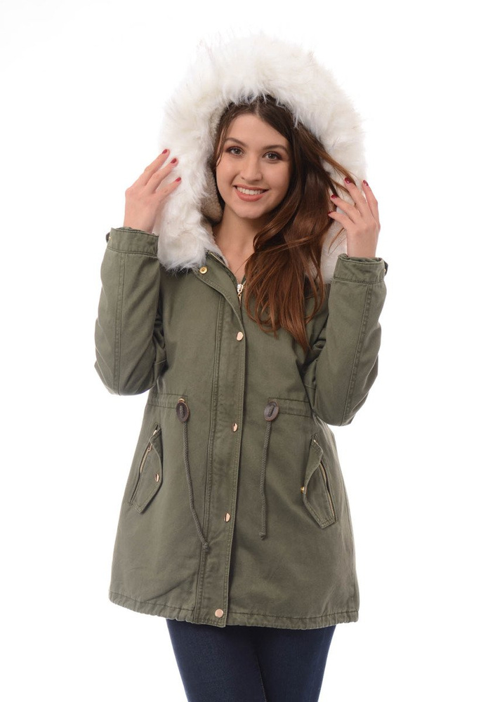 Damska Kurtka Parka Zimowa 2w1 Zielona z Białym Futerkiem
