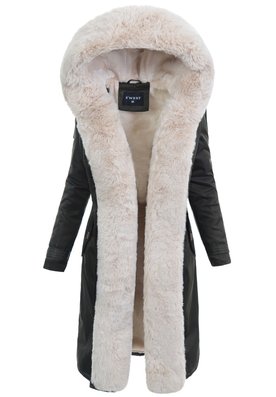 Damska Kurtka Parka Zimowa Dominika Zielona Z Futerkiem Ecru