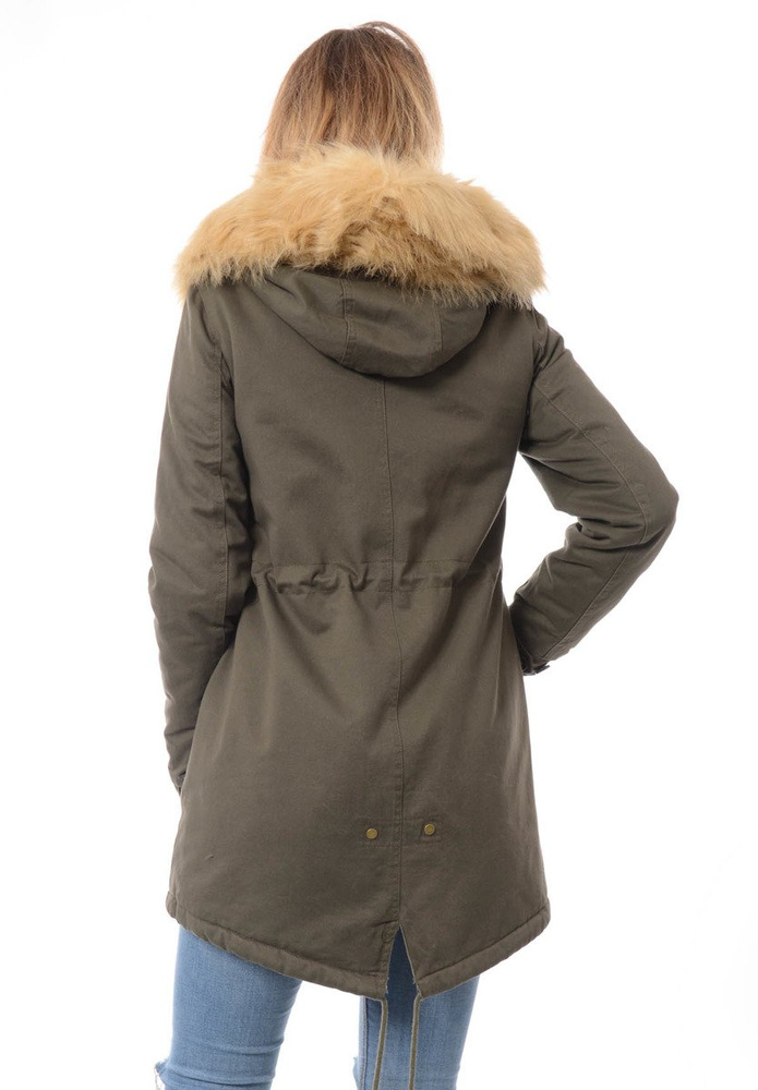 Piękna Damska Kurtka Parka Zielona ze Złotym Futerkiem