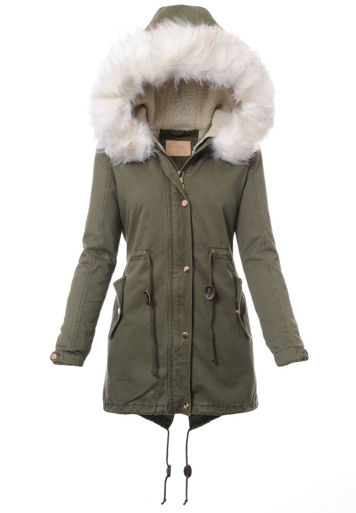Damska Kurtka Parka Zimowa 2w1 Zielona z Białym Futerkiem