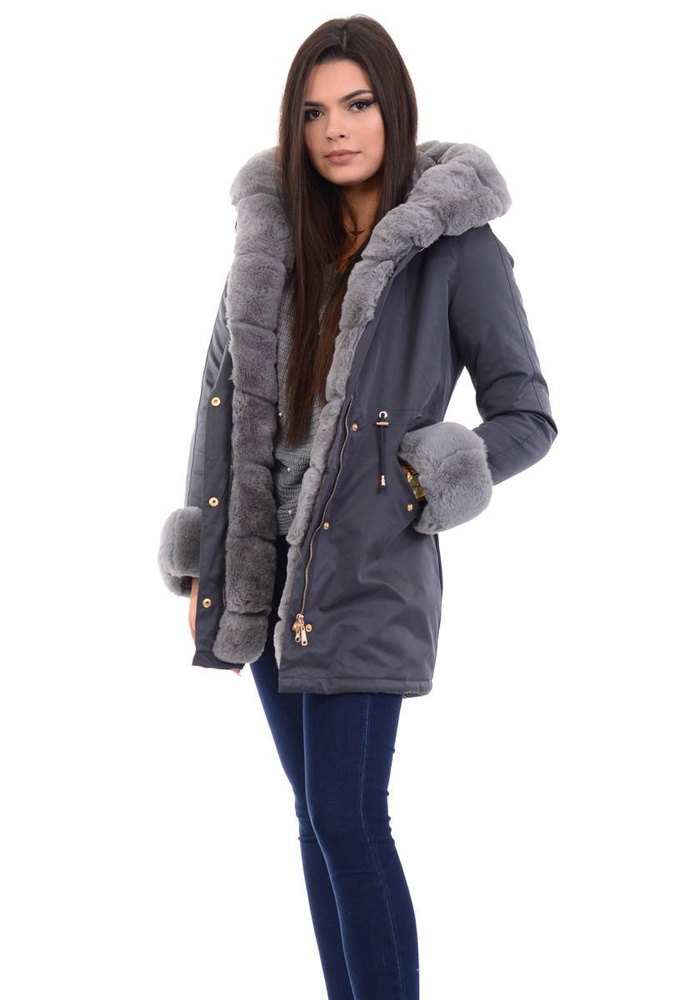 Damska Kurtka Parka Zimowa Wanessa Grafitowa Z Szarym Futerkiem