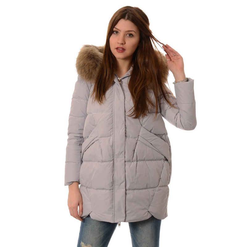 Puchowa Kurtka Zimowa Naturalne Futro Srebrna