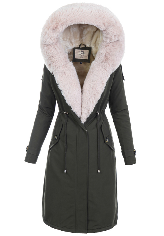 Damska Kurtka Parka Zimowa Olimpia Khaki Z Futerkiem Ecru