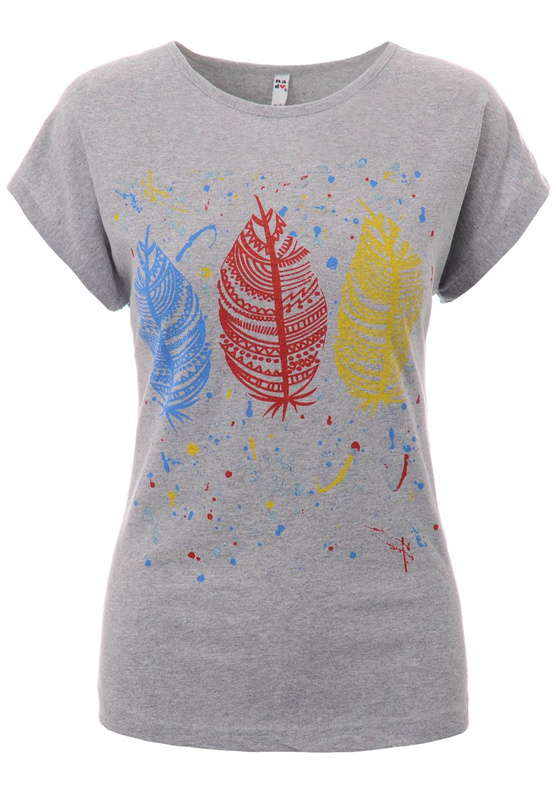 Damska Koszulka Krótki Rękaw T-Shirt Nadruk Pióra Szara