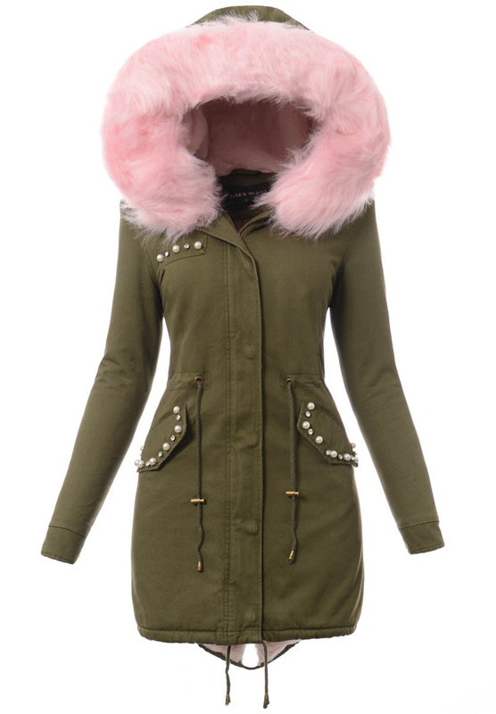 Piękna Damska Kurtka Parka Zuza Zielona z Różowym Futerkiem
