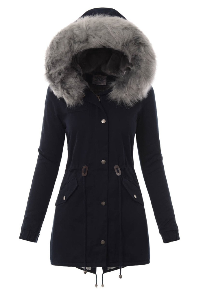 Piękna Damska Kurtka Parka Iwet Ciemno Granatowa Z Szarym Futerkiem