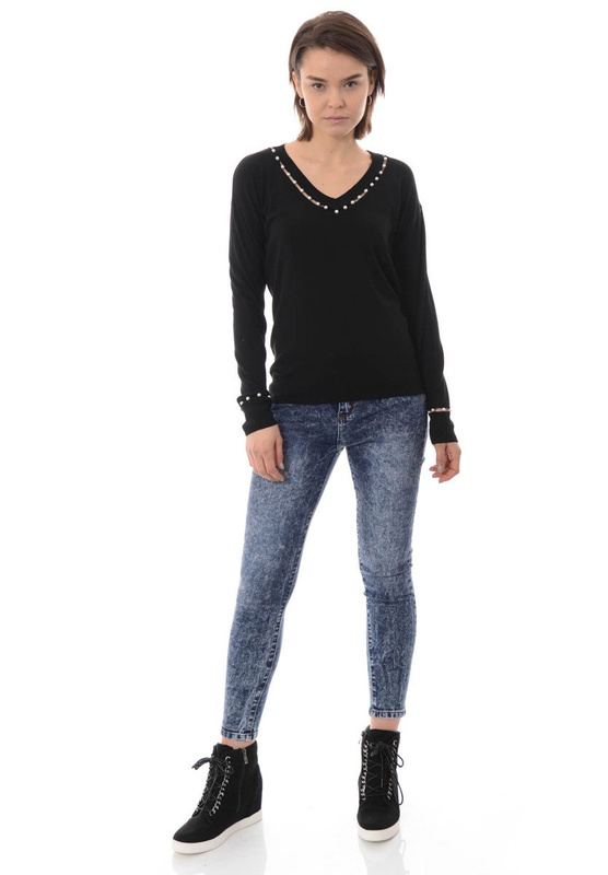 Damska Bluzka Sweterek Perełki Czarna