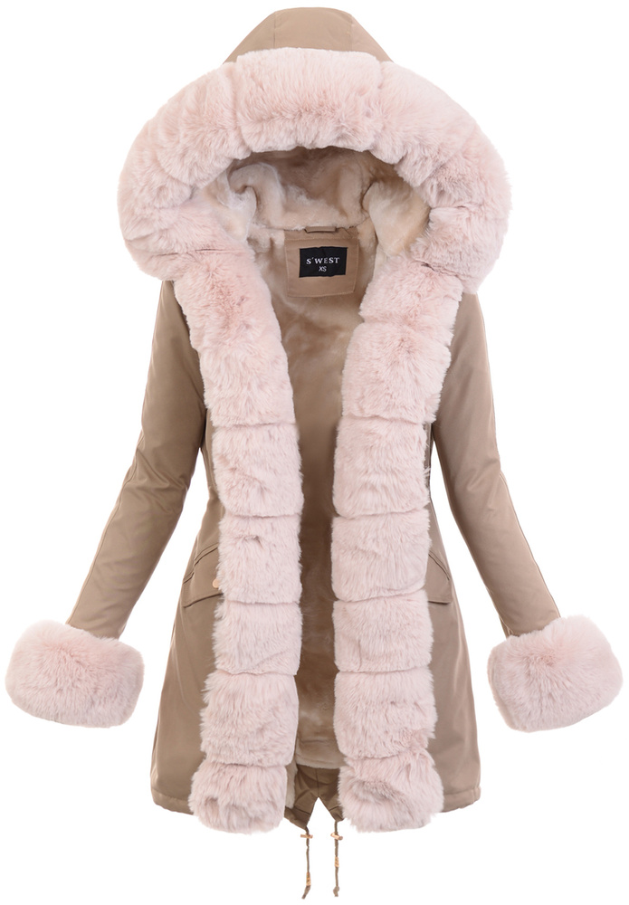 Damska Kurtka Parka Zimowa Patrycja Beżowa Z Futerkiem Ecru