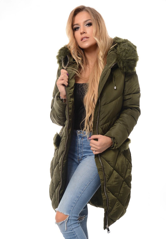 Damska Długa Zimowa Kurtka Ortalionowa Zielona