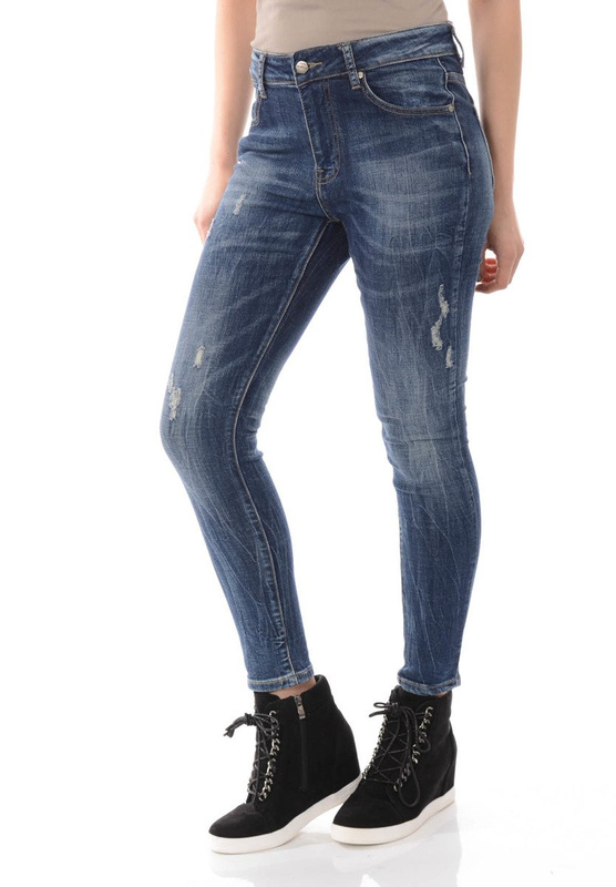 Damskie Spodnie Jeansy Przetarcia Rurki Granatowe