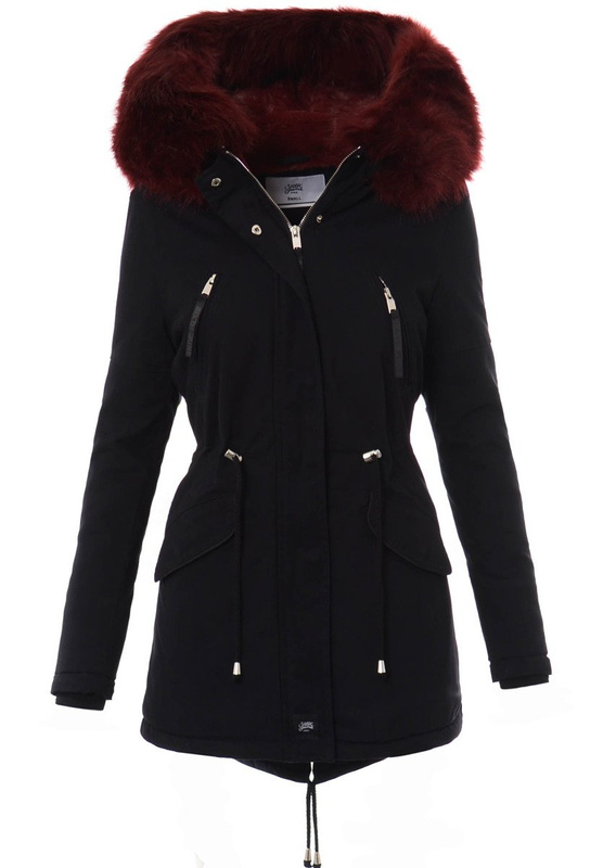Kurtka Parka Aleksandra Czarna Z Bordowym Futrem