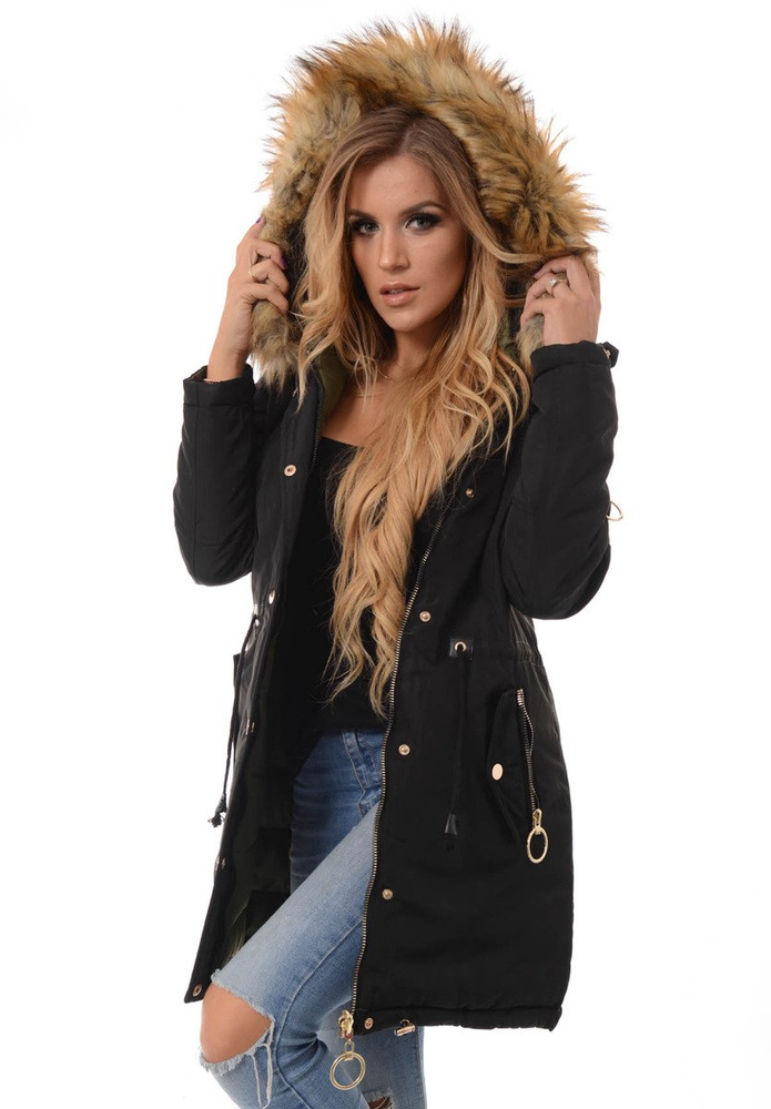 Damska Dwustronna Zimowa Kurtka Ortalionowa Czarna