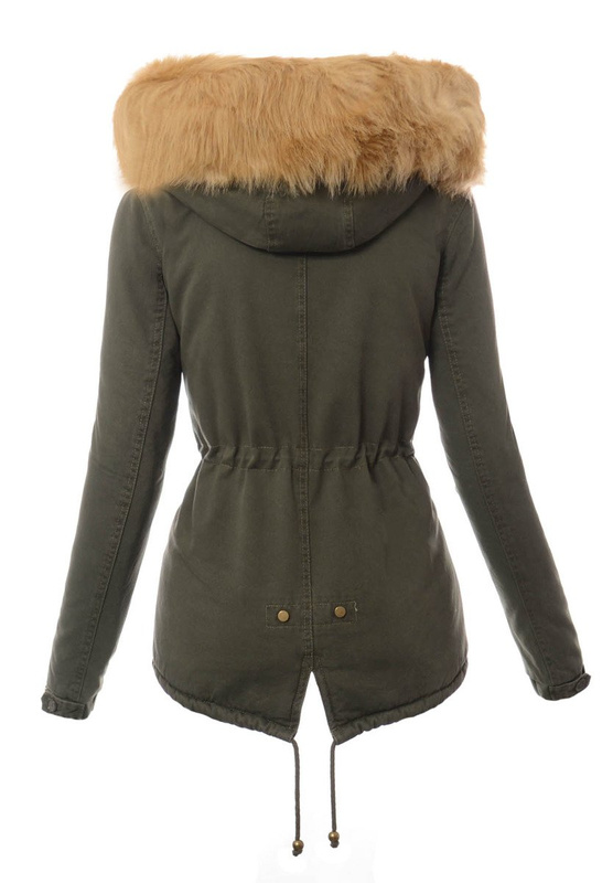 Piękna Damska Kurtka Parka Lora Zielona ze Złotym Futerkiem