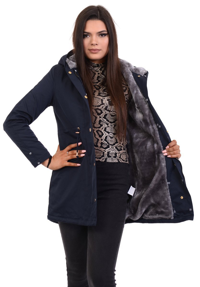 Damska Kurtka Parka Zimowa Wanessa Granatowa Z Szarym Futerkiem