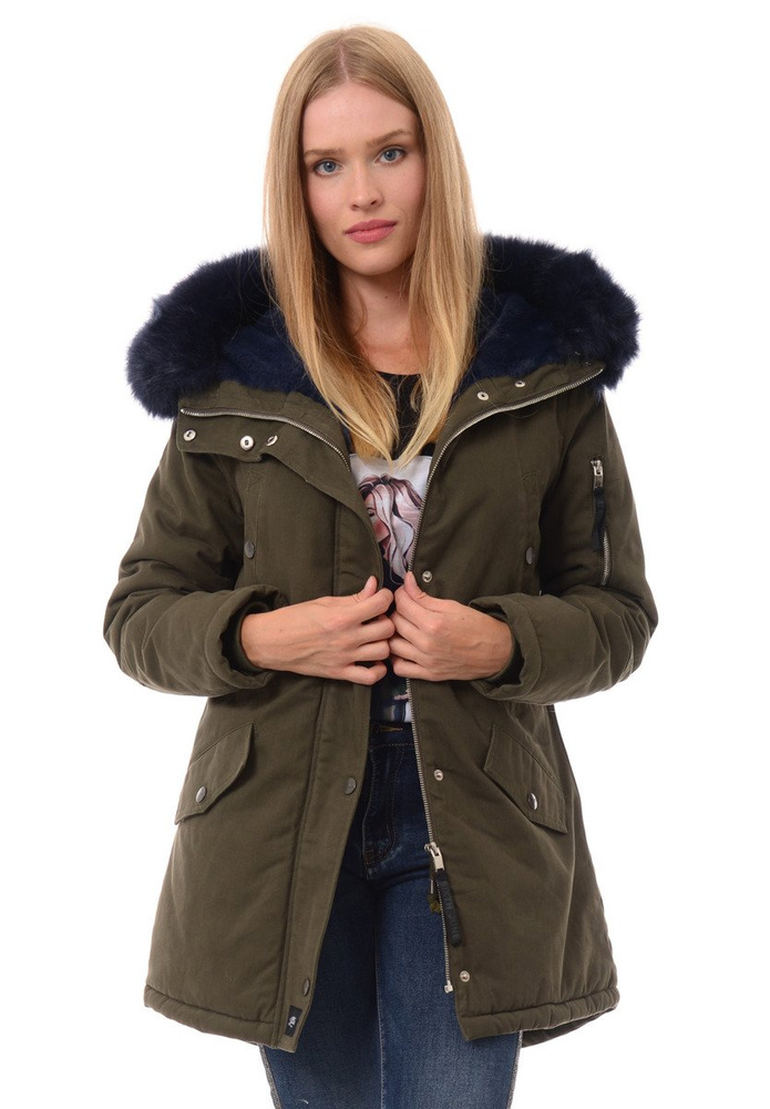 Kurtka Parka Jula Zielona Z Granatowym Futrem