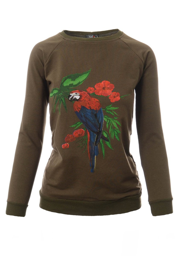 Damska Bluza Bawełniana Nadruk Papuga Oliwkowa