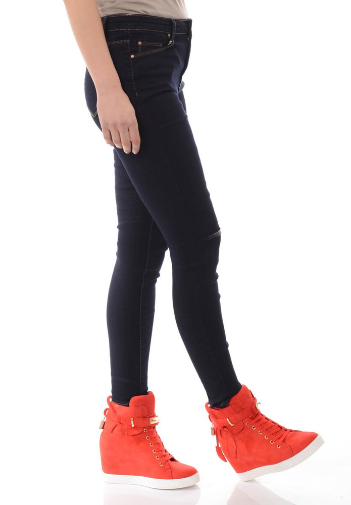 Damskie Spodnie Jeansy Rurki Rozcięcie Granatowe