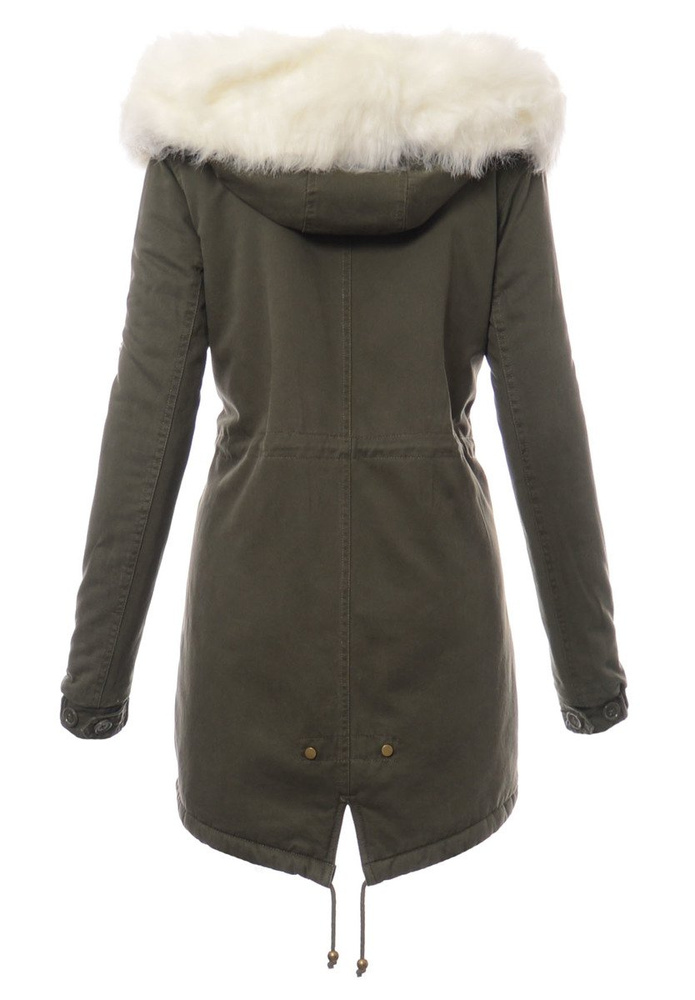 Piękna Damska Kurtka Parka Iwet Zielona z Białym Futerkiem