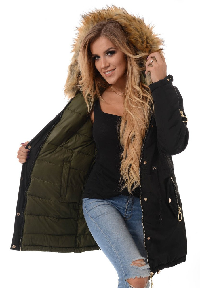 Damska Dwustronna Zimowa Kurtka Ortalionowa Czarna