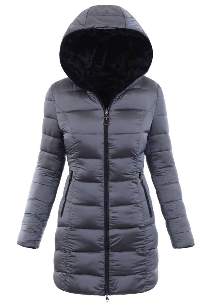 Damska Kurtka Ortalionowa Agnieszka Grafitowa z Czarnym Futerkiem