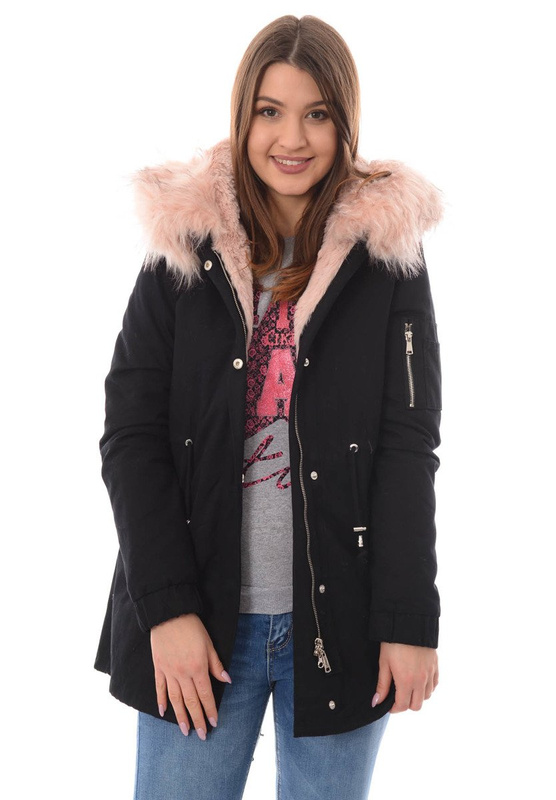 Piękna Damska Kurtka Parka 2w1 Emilia Czarna z Różowym Futerkiem
