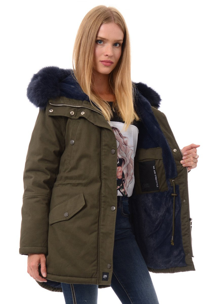 Kurtka Parka Jula Zielona Z Granatowym Futrem