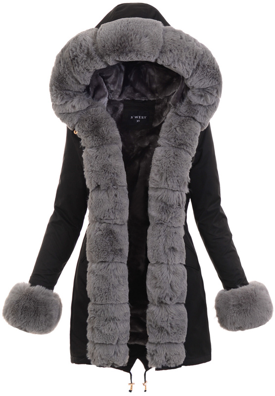 Damska Kurtka Parka Zimowa Patrycja Czarna Z Szarym Futerkiem