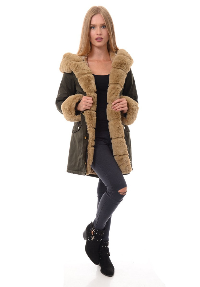 Kurtka Patrycja Khaki Z Beżowym Futerkiem