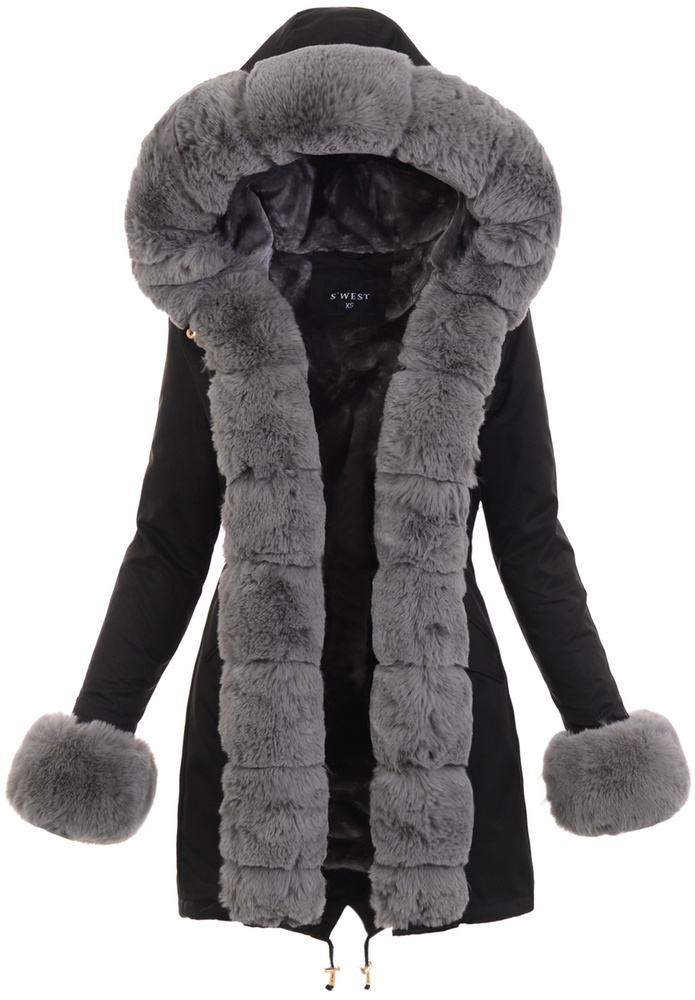 Damska Kurtka Parka Zimowa Patrycja Czarna Z Szarym Futerkiem