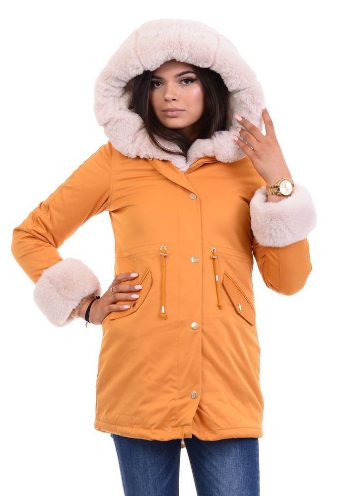 Damska Kurtka Parka Zimowa Wanessa Camel Z Futerkiem Ecru
