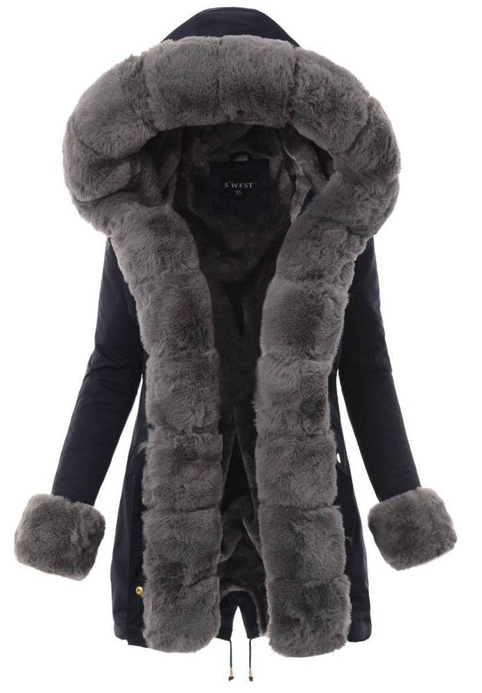 Damska Kurtka Parka Zimowa Wanessa Granatowa Z Szarym Futerkiem