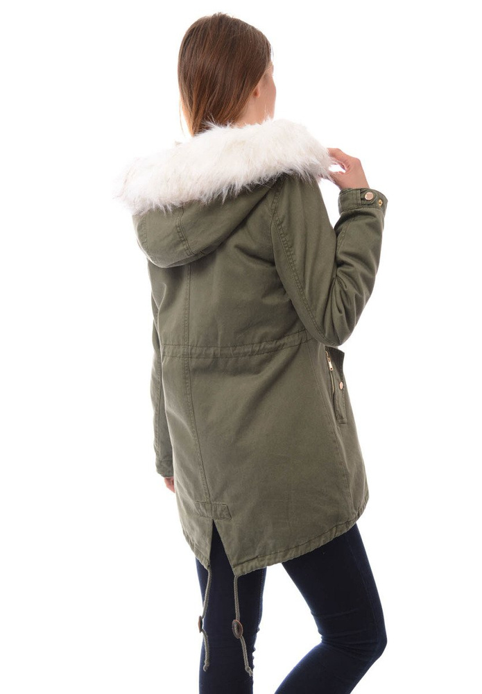 Damska Kurtka Parka Zimowa 2w1 Zielona z Białym Futerkiem