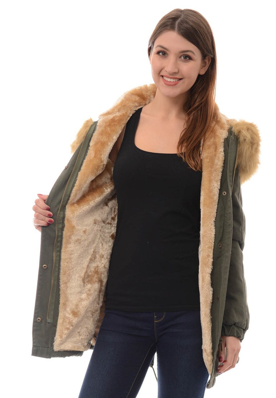 Piękna Damska Kurtka Parka Iwet Zielona ze Złotym Futerkiem