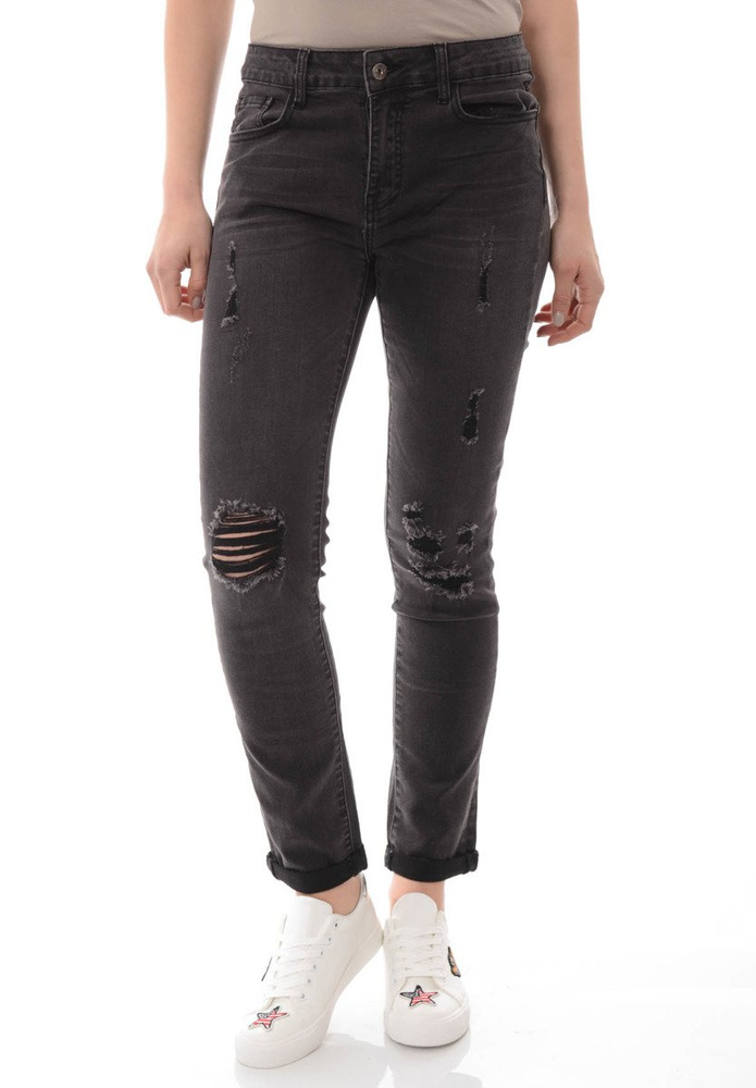 Damskie Spodnie Jeansy Rurki Przetarcia Czarne