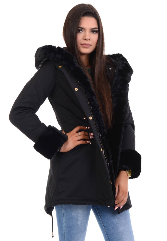 Damska Kurtka Parka Zimowa Wanessa Czarna Z Czarnym Futerkiem