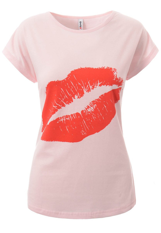 Damska Koszulka T-Shirt Krótki Rękaw Nadruk Usta Różowa