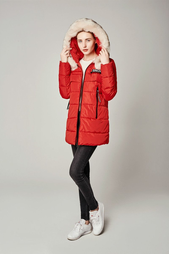 Damska Długa Zimowa Kurtka Ortalionowa Czerwona