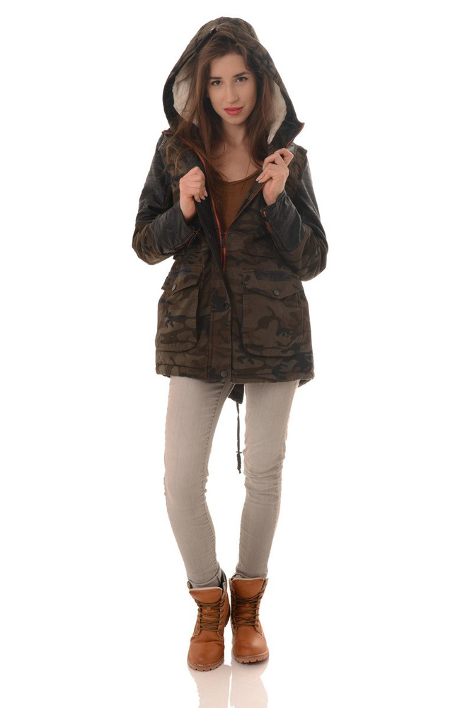 Damska Zimowa Kurtka Parka Płaszcz Moro Oliwkowa