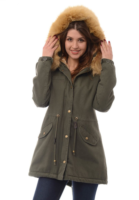 Piękna Damska Kurtka Parka Iwet Zielona Z Brązowym Futerkiem
