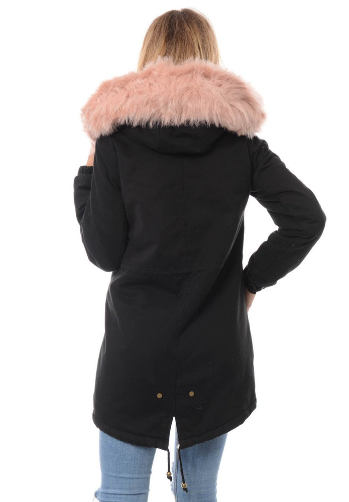 Piękna Damska Kurtka Parka Iwet Czarna z Różowym Futerkiem